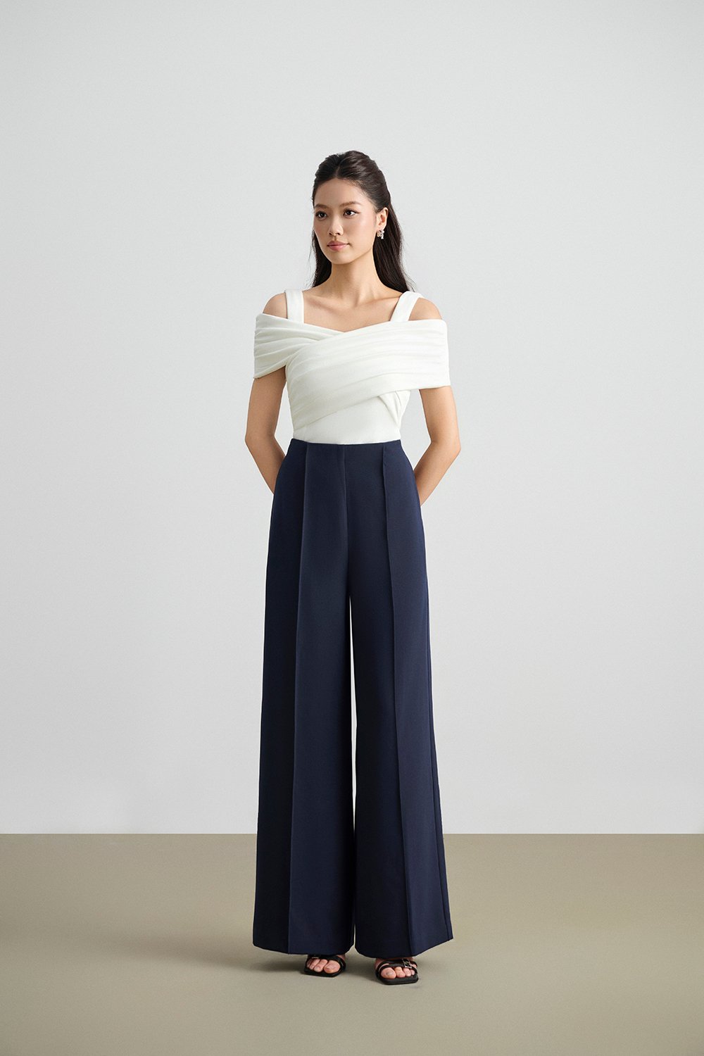 Millie Pintuck Wide Leg Pants in Navy Blue