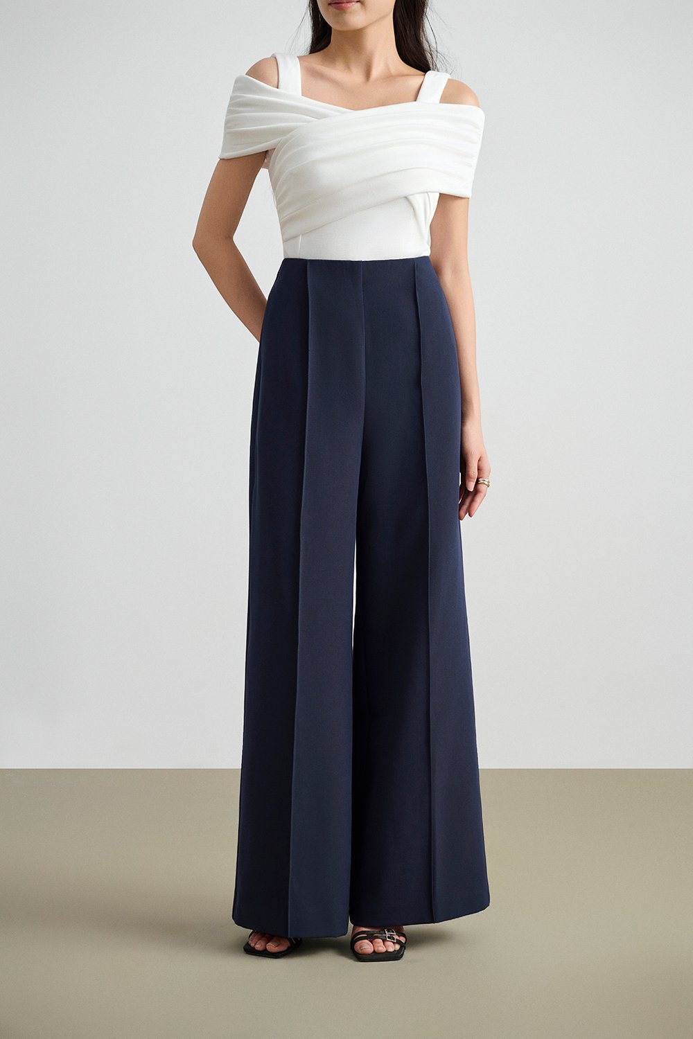 Millie Pintuck Wide Leg Pants in Navy Blue
