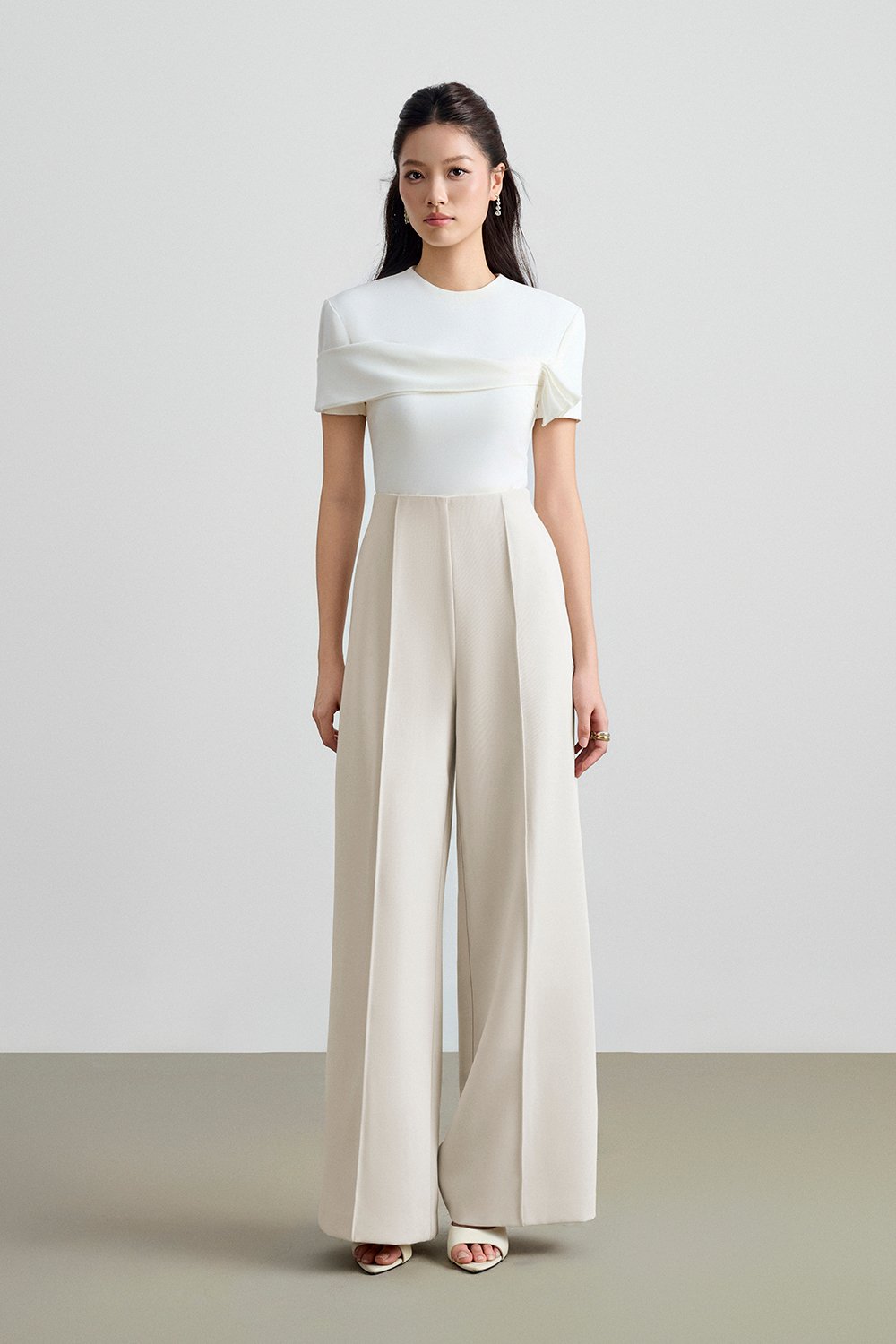 Millie Pintuck Wide Leg Pants in Seashell
