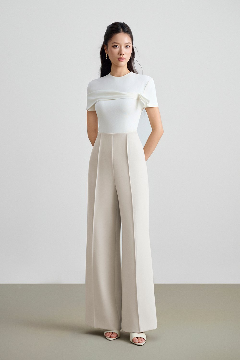 Millie Pintuck Wide Leg Pants in Seashell