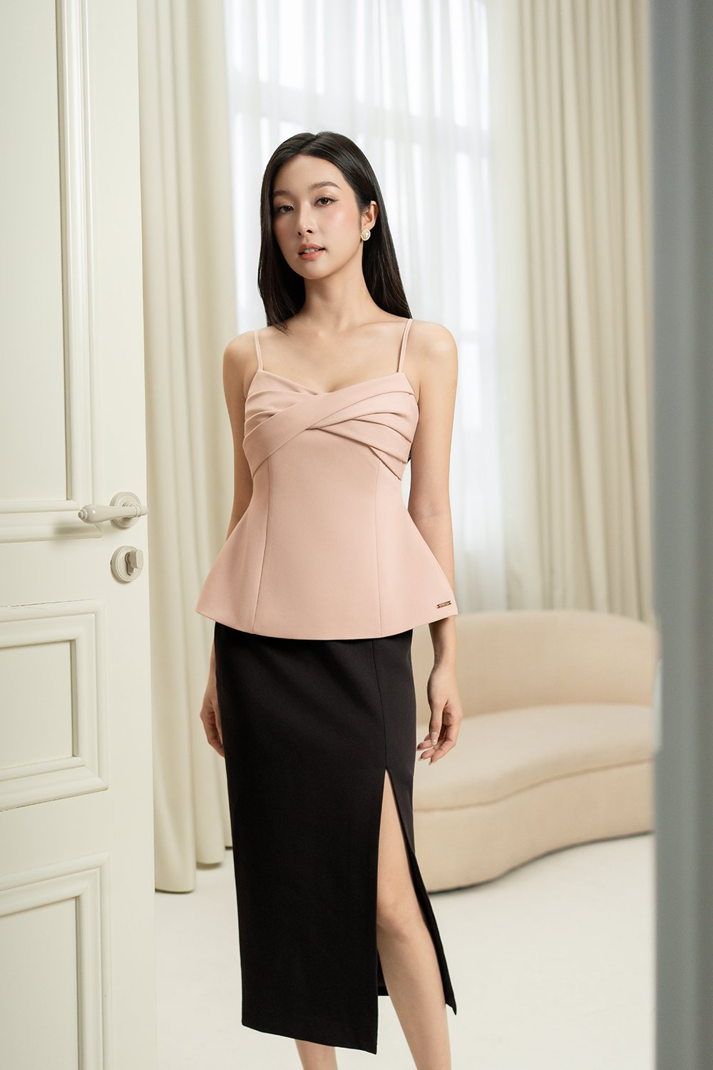 Regina Padded Twist Strappy Peplum Top in Dusty Pink