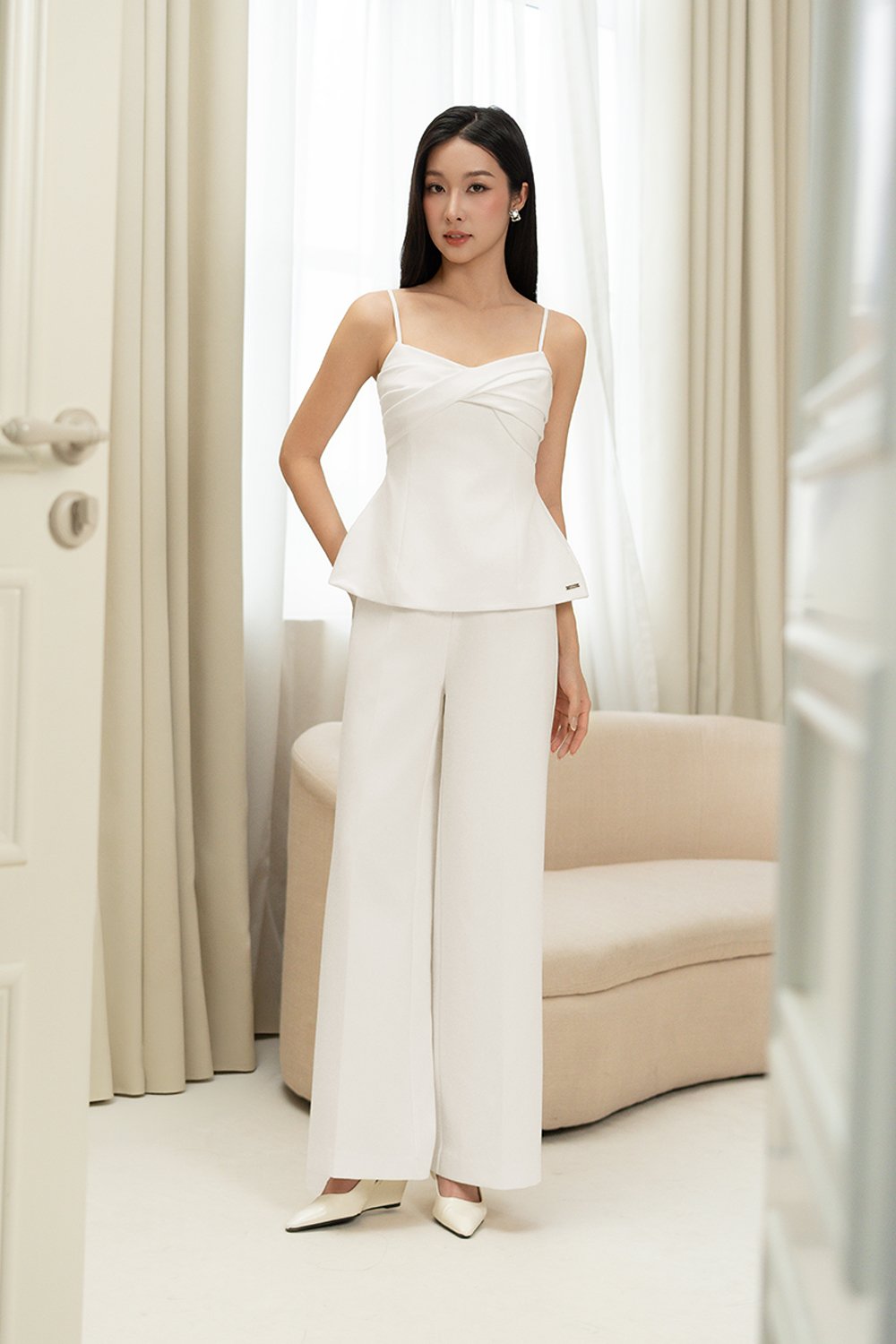 Regina Padded Twist Strappy Peplum Top in Iconic White