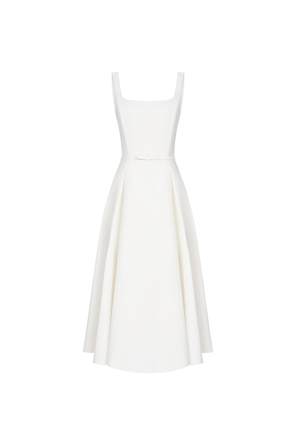 Talia Padded Flare Midi Dress with Detachable Bow Belt in Iconic White
