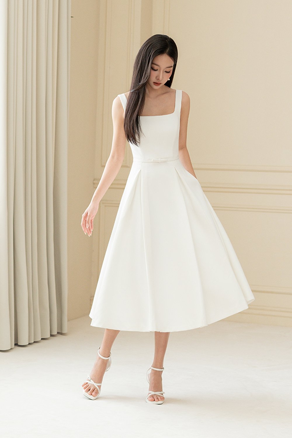 Talia Padded Flare Midi Dress with Detachable Bow Belt in Iconic White