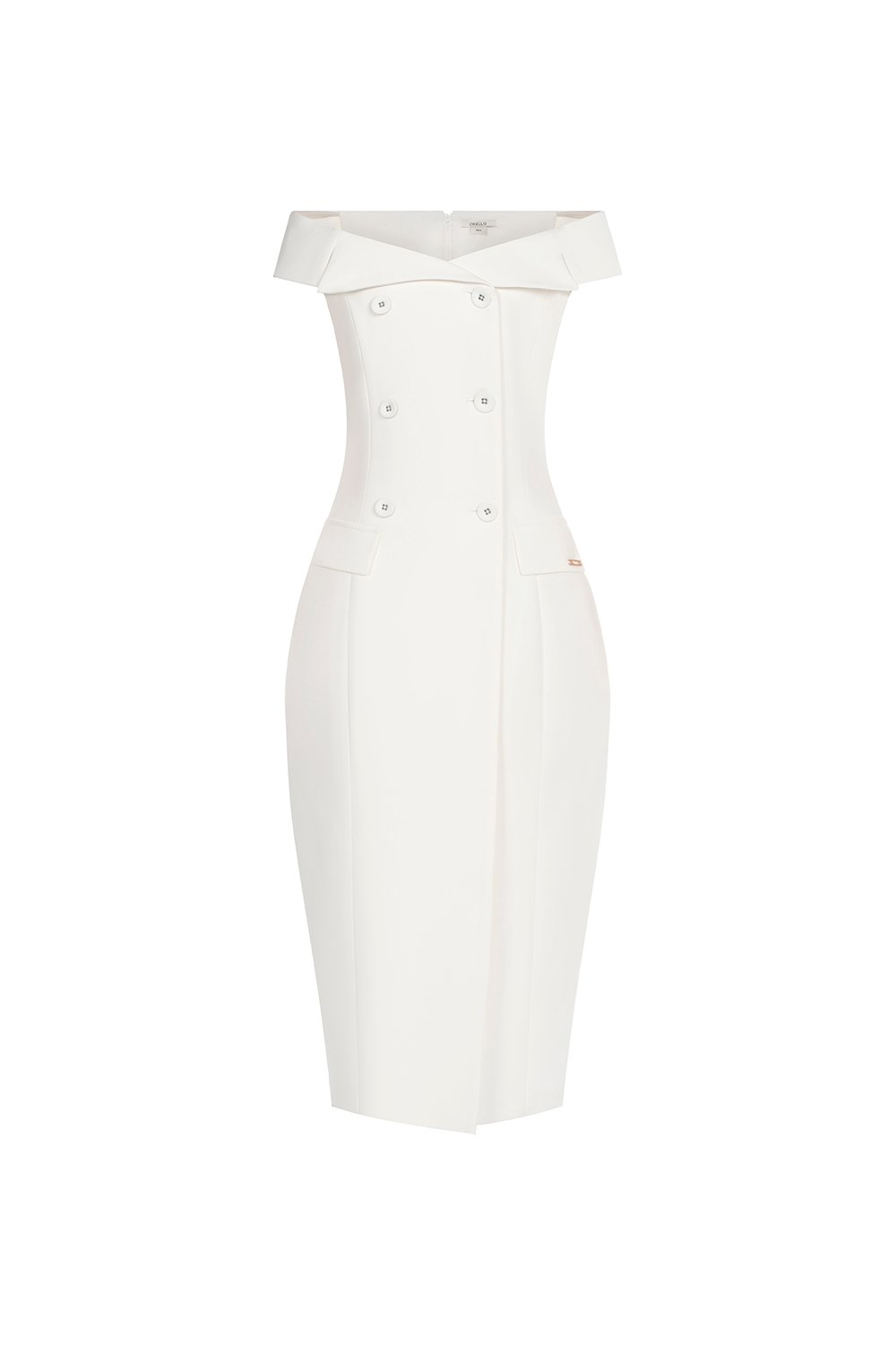 Winslet Tailored Off Shoulder Pencil Dress in Iconic White