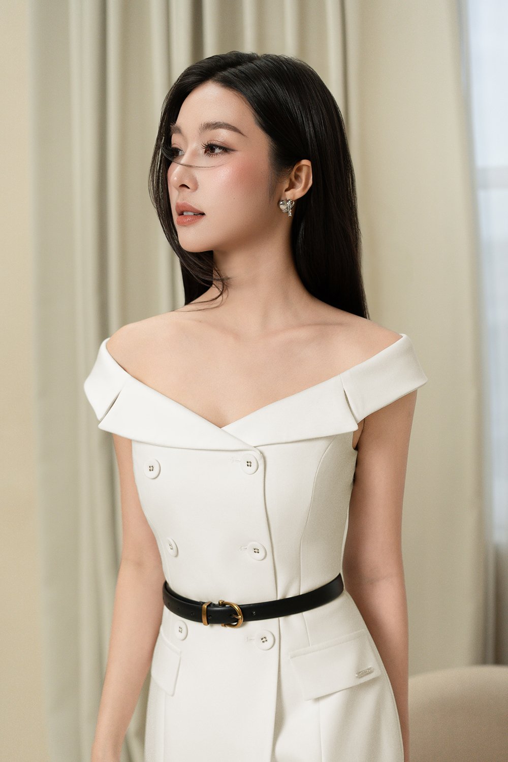 Winslet Tailored Off Shoulder Pencil Dress in Iconic White