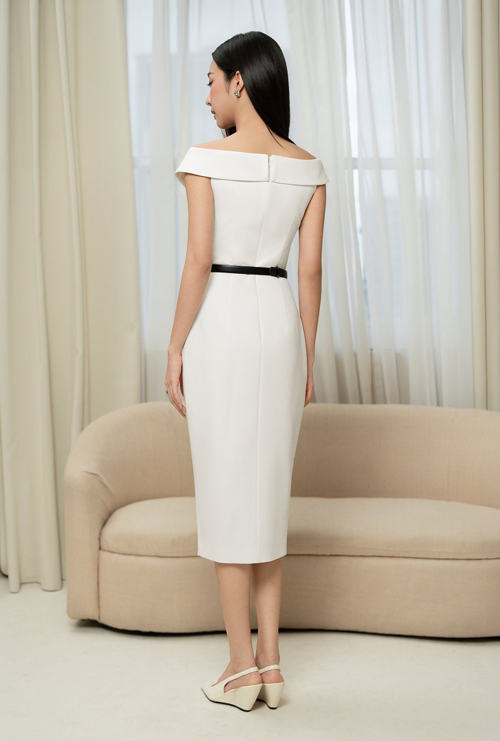 Winslet Tailored Off Shoulder Pencil Dress in Iconic White