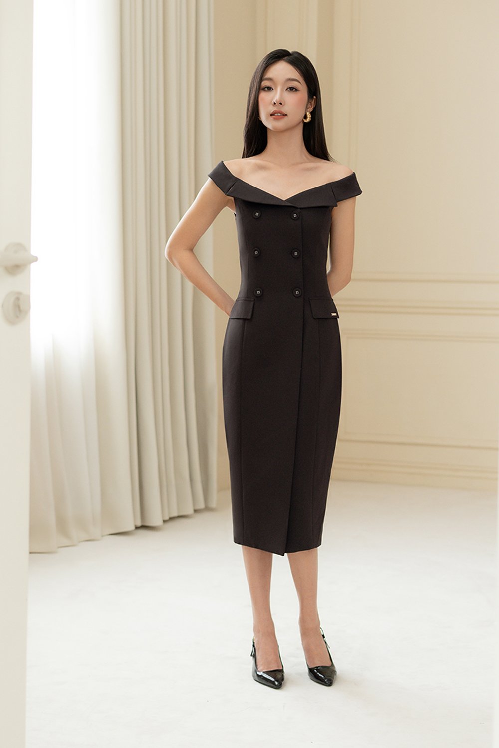 Winslet Tailored Off Shoulder Pencil Dress in Rich Espresso