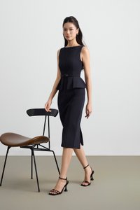 Geraldine Padded Peplum Pencil Dress in Deep Navy