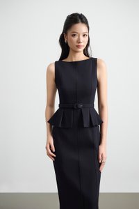 Geraldine Padded Peplum Pencil Dress in Deep Navy