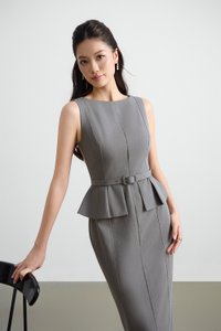 Geraldine Padded Peplum Pencil Dress in Heathered Grey