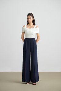 Millie Pintuck Wide Leg Pants in Navy Blue