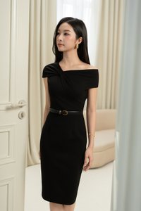 Nyx Asymmetrical Shoulder Pencil Dress in Classic Black