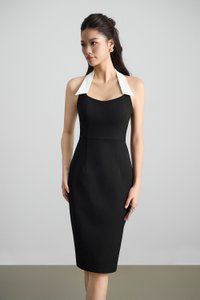 Reese Padded Contrast Collared Pencil Dress in Classic Black
