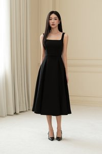 Talia Padded Flare Midi Dress with Detachable Bow Belt in Classic Black