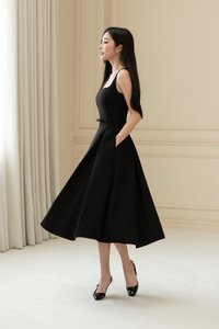 Talia Padded Flare Midi Dress with Detachable Bow Belt in Classic Black