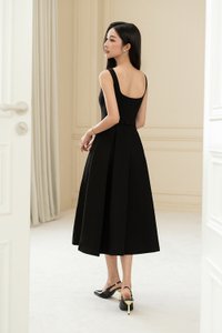 Talia Padded Flare Midi Dress with Detachable Bow Belt in Classic Black