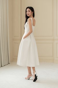 Talia Padded Flare Midi Dress with Detachable Bow Belt in Iconic White