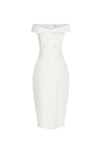 Winslet Tailored Off Shoulder Pencil Dress in Iconic White