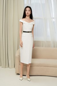 Winslet Tailored Off Shoulder Pencil Dress in Iconic White