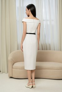 Winslet Tailored Off Shoulder Pencil Dress in Iconic White