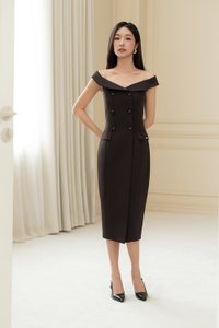 Winslet Tailored Off Shoulder Pencil Dress in Rich Espresso