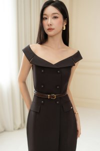 Winslet Tailored Off Shoulder Pencil Dress in Rich Espresso