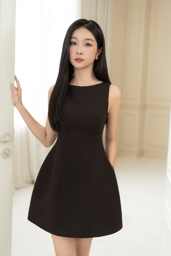Dayna Padded Boat Neck Mini Dress in Rich Espresso