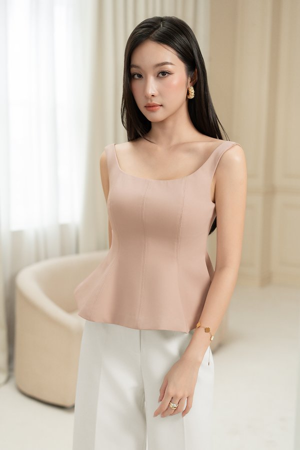 Esther Padded Wide Neck Peplum Top in Dusty Pink
