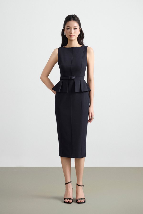 Geraldine Padded Peplum Pencil Dress in Deep Navy