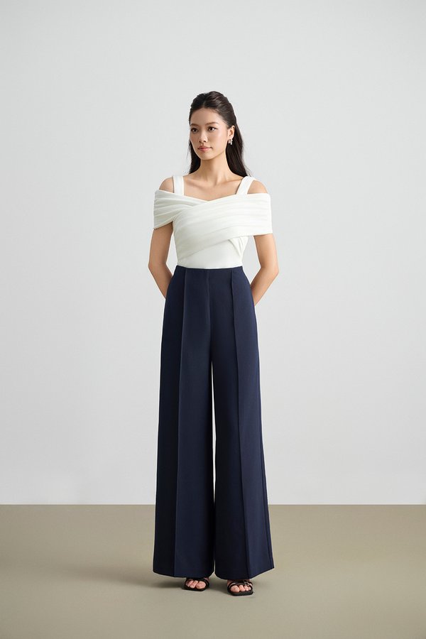 Millie Pintuck Wide Leg Pants in Navy Blue