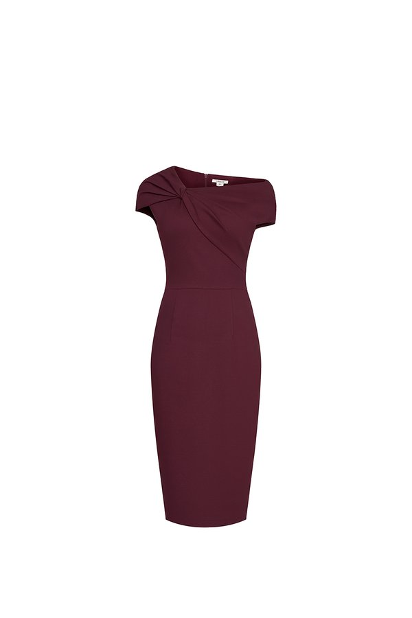 Nyx Asymmetrical Shoulder Pencil Dress in Burgundy