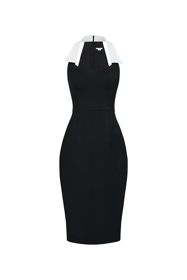Reese Padded Contrast Collared Pencil Dress in Classic Black