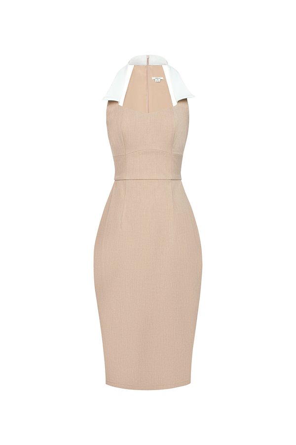 Reese Padded Contrast Collared Pencil Dress in Ecru