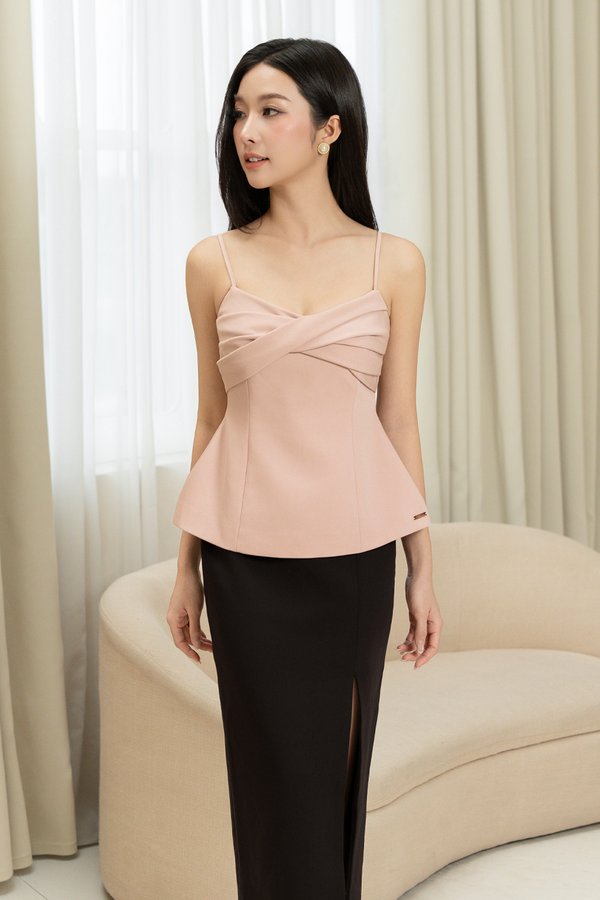 Regina Padded Twist Strappy Peplum Top in Dusty Pink