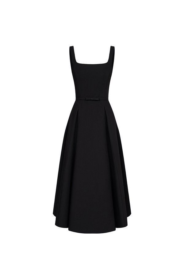 Talia Padded Flare Midi Dress with Detachable Bow Belt in Classic Black