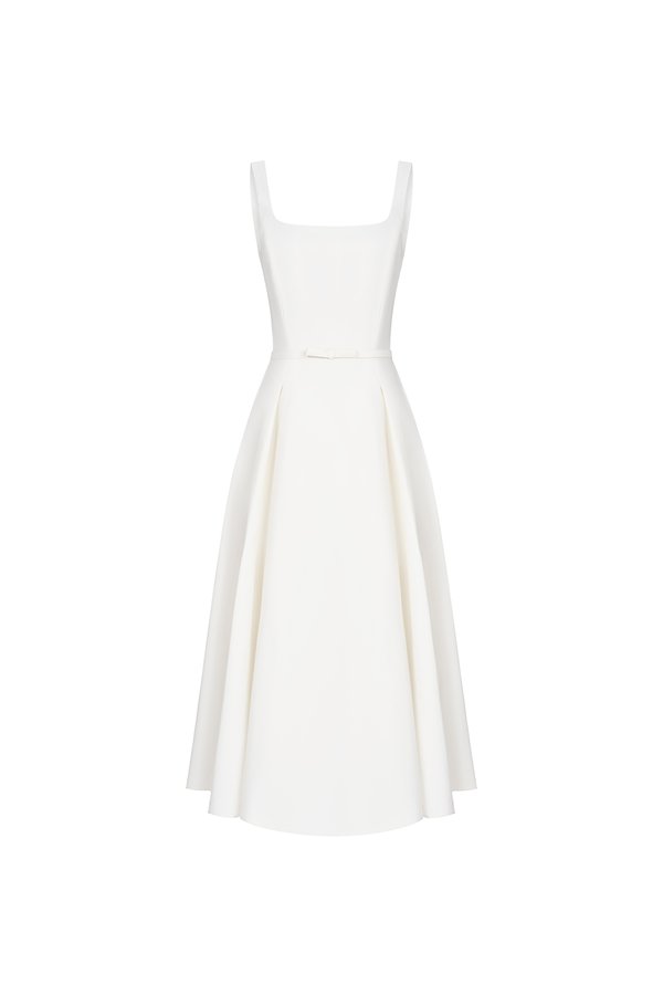 Talia Padded Flare Midi Dress with Detachable Bow Belt in Iconic White