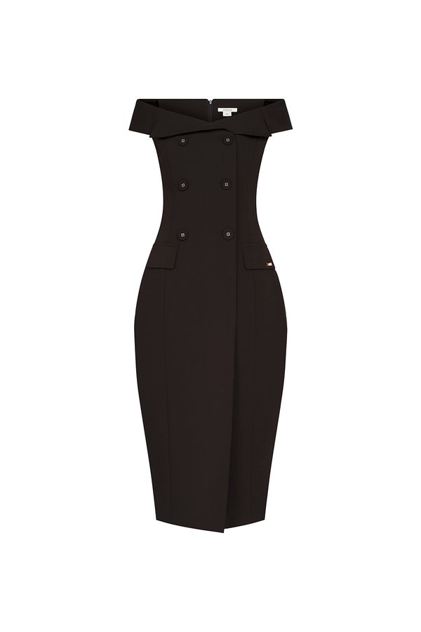 Winslet Tailored Off Shoulder Pencil Dress in Rich Espresso