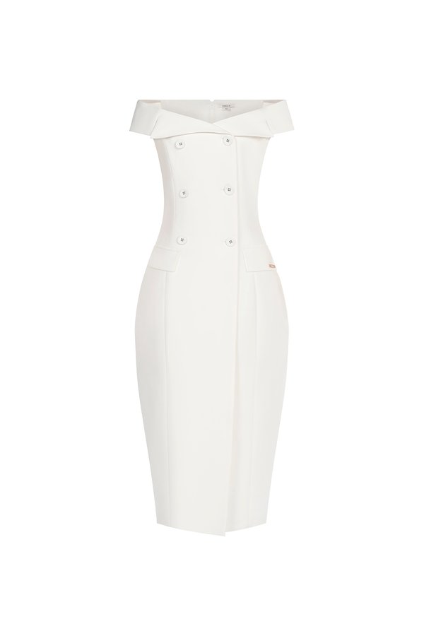 Winslet Tailored Off Shoulder Pencil Dress in Iconic White