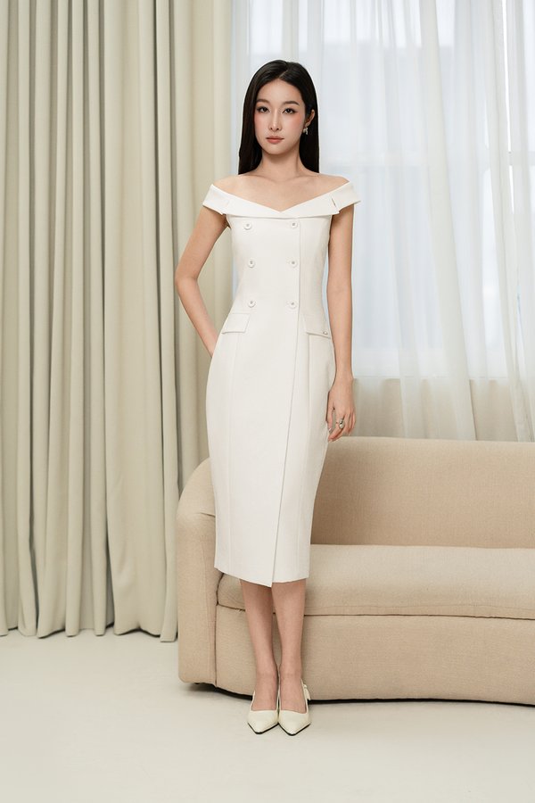Winslet Tailored Off Shoulder Pencil Dress in Iconic White