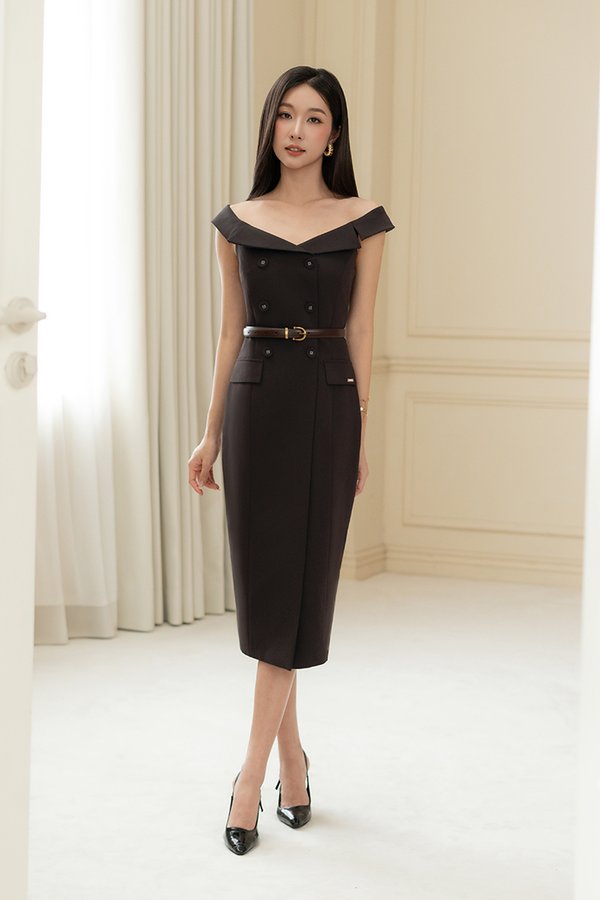 Winslet Tailored Off Shoulder Pencil Dress in Rich Espresso
