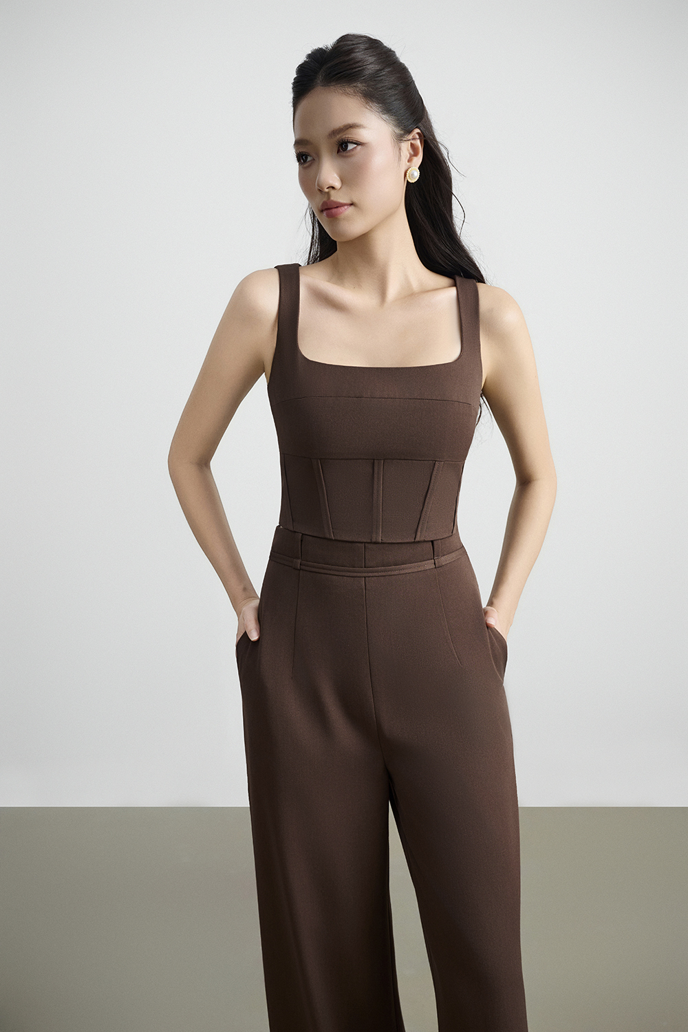 Arden Padded Square Neck Cropped Top in Saddle Brown | Chello