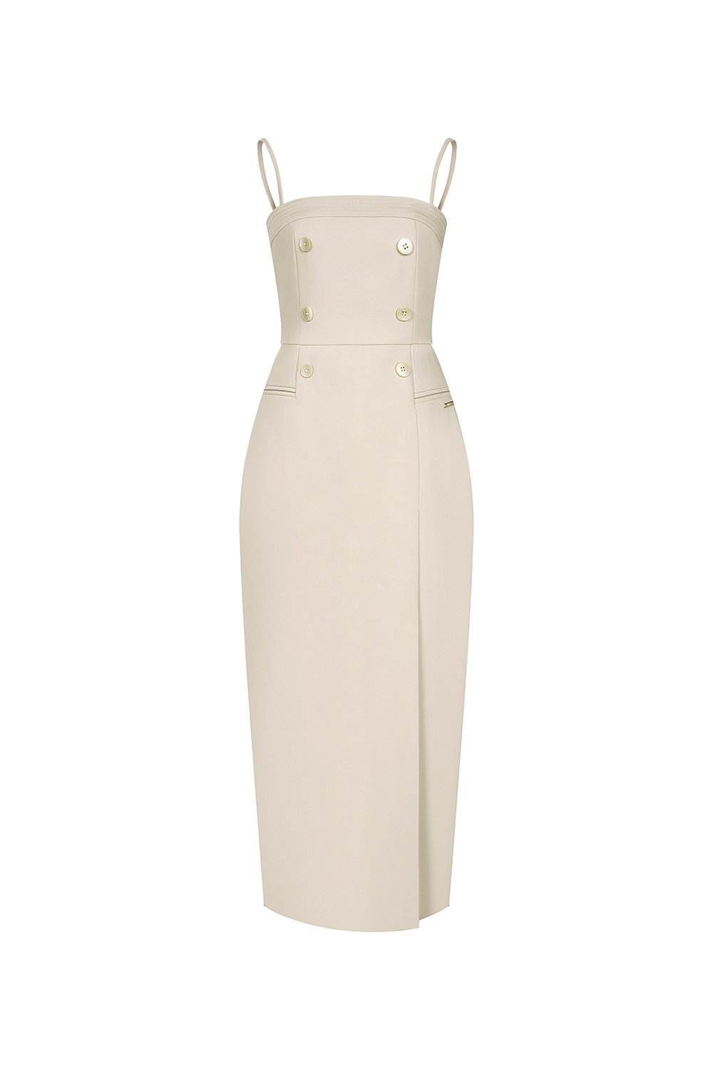 Amora Padded Strappy Tailored Pencil Dress in Greige