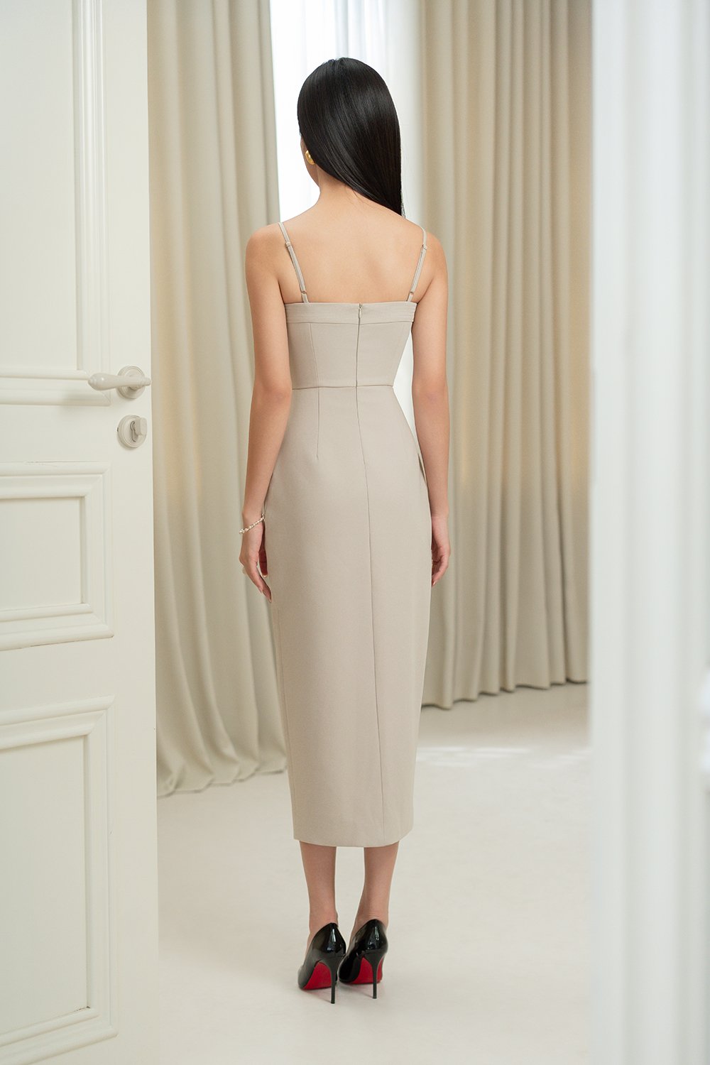 Amora Padded Strappy Tailored Pencil Dress in Greige