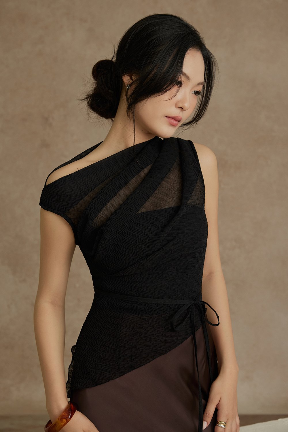 Aria Asymmetrical Pleated Top with Padded Tube in Classic Black