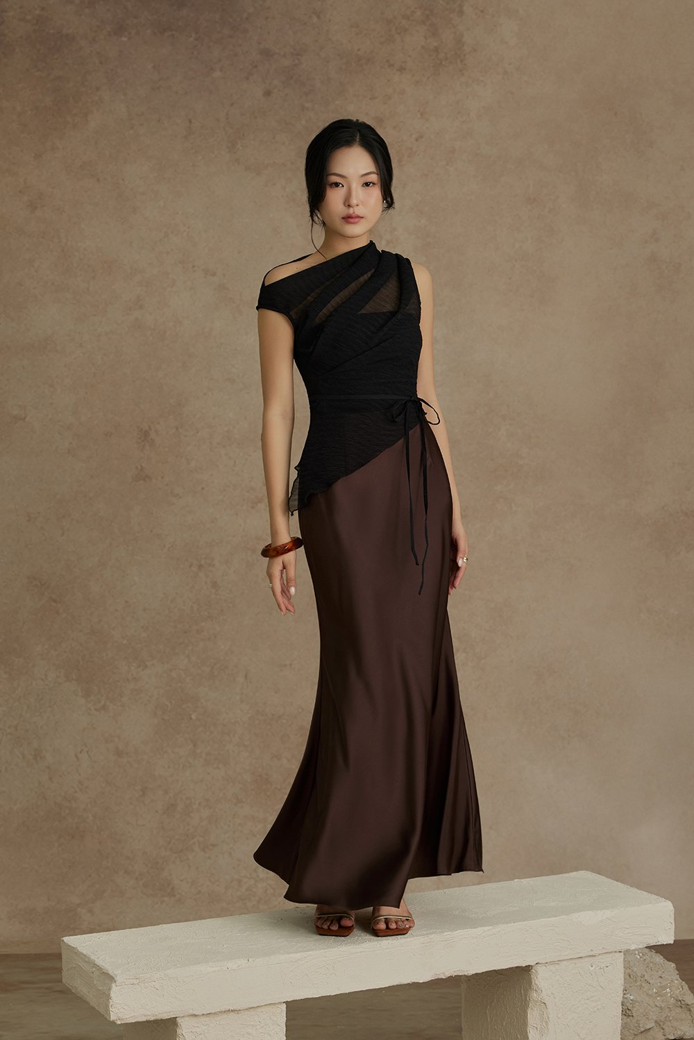 Aria Asymmetrical Pleated Top with Padded Tube in Classic Black