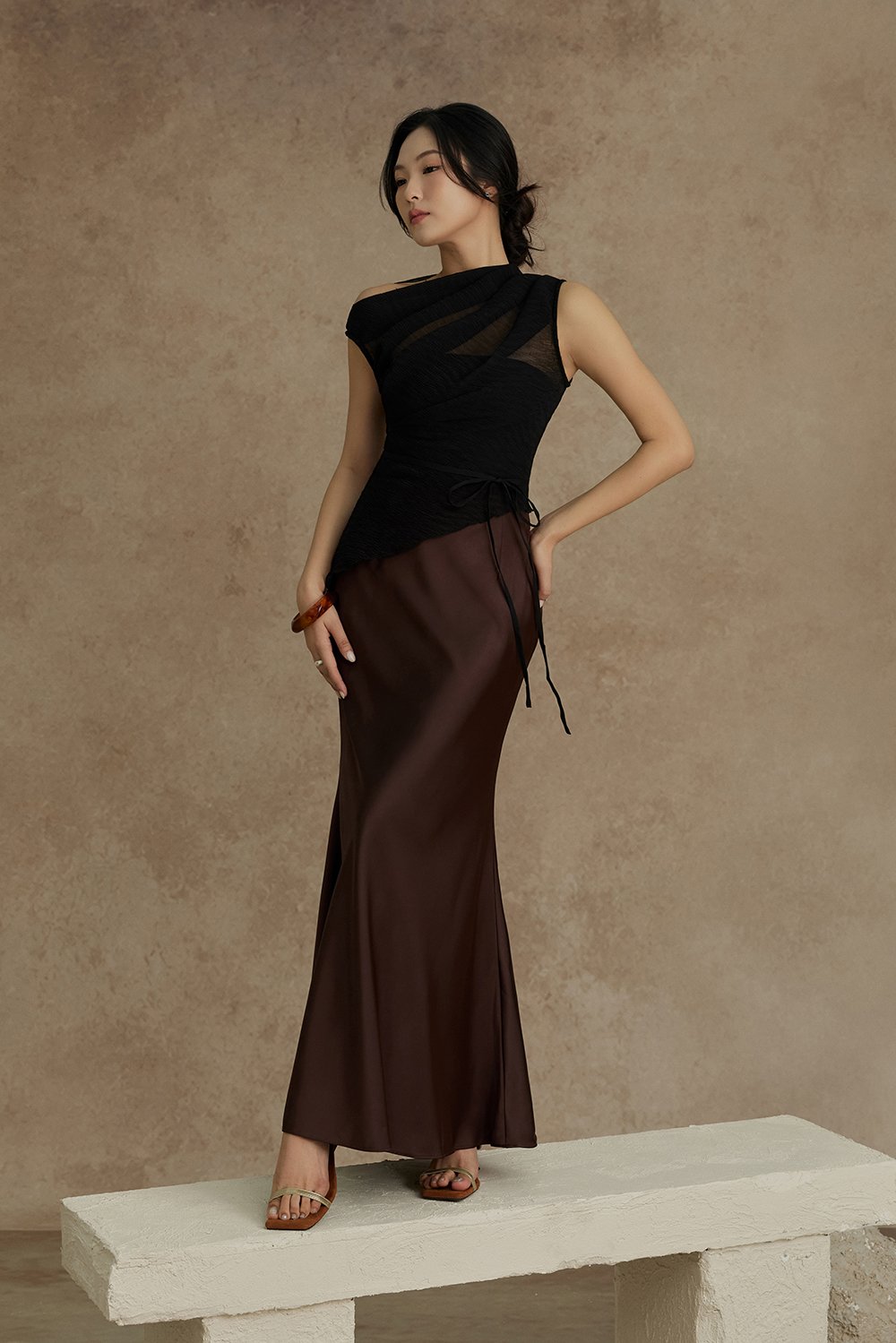 Aria Asymmetrical Pleated Top with Padded Tube in Classic Black