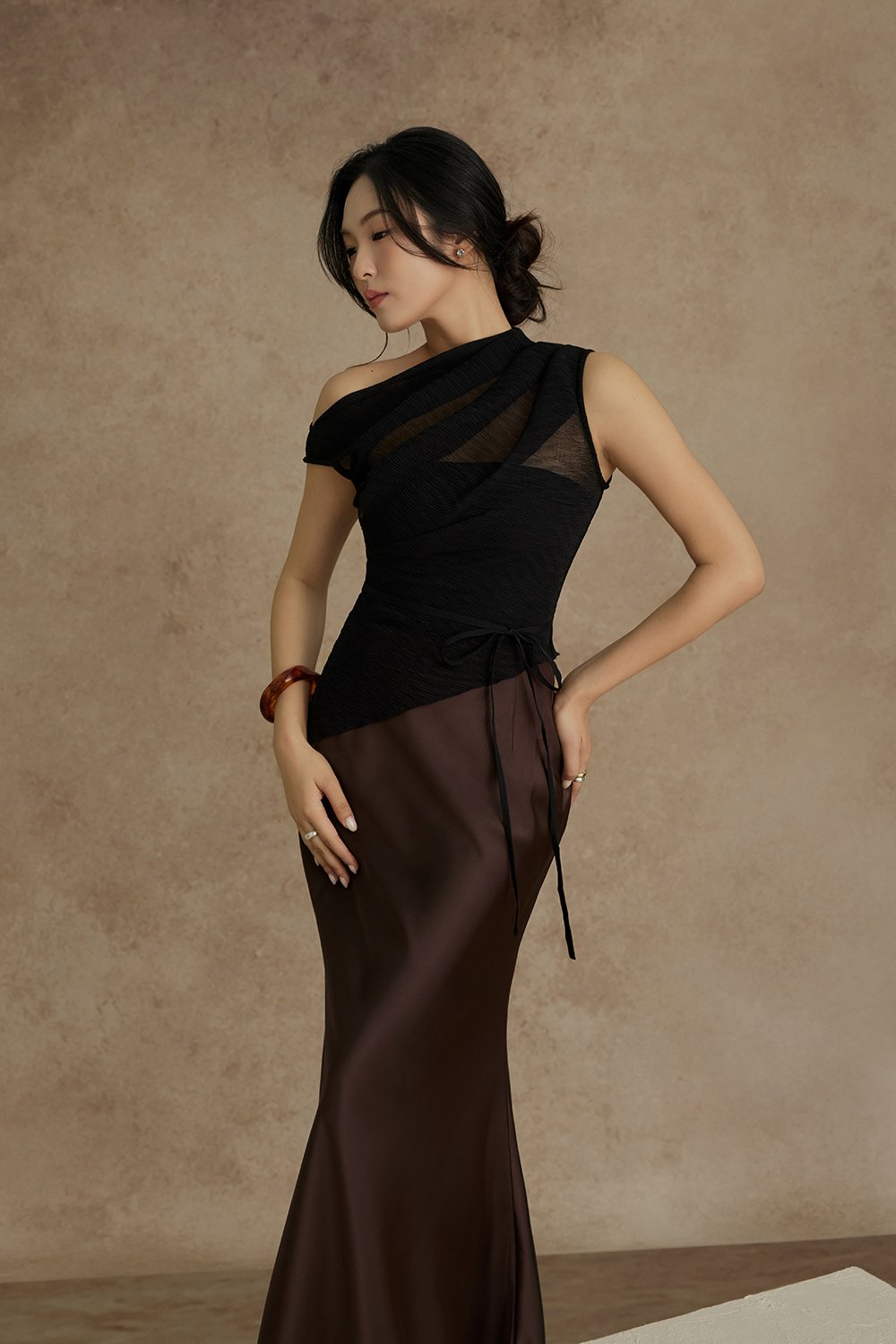 Aria Asymmetrical Pleated Top with Padded Tube in Classic Black