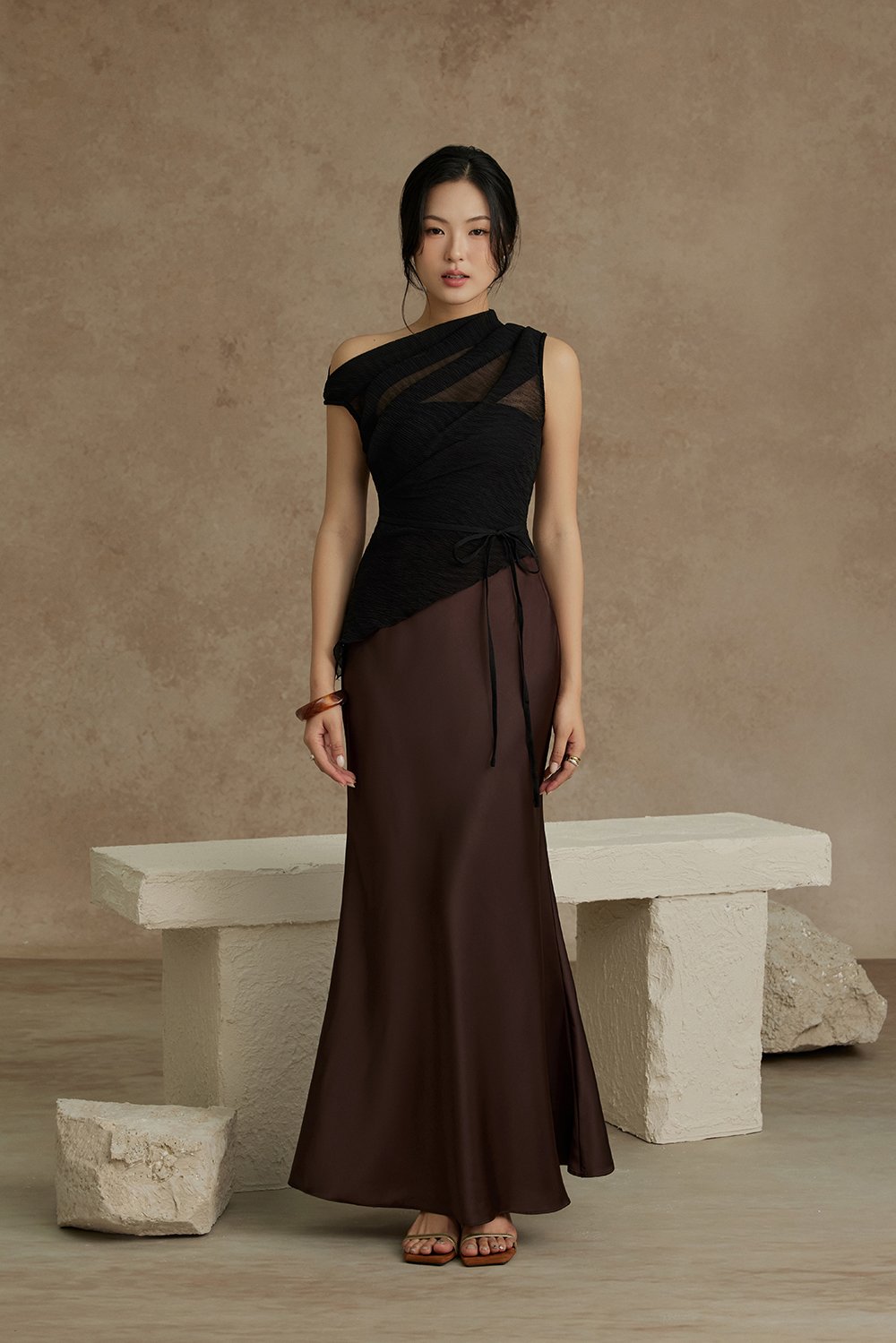 Aria Asymmetrical Pleated Top with Padded Tube in Classic Black