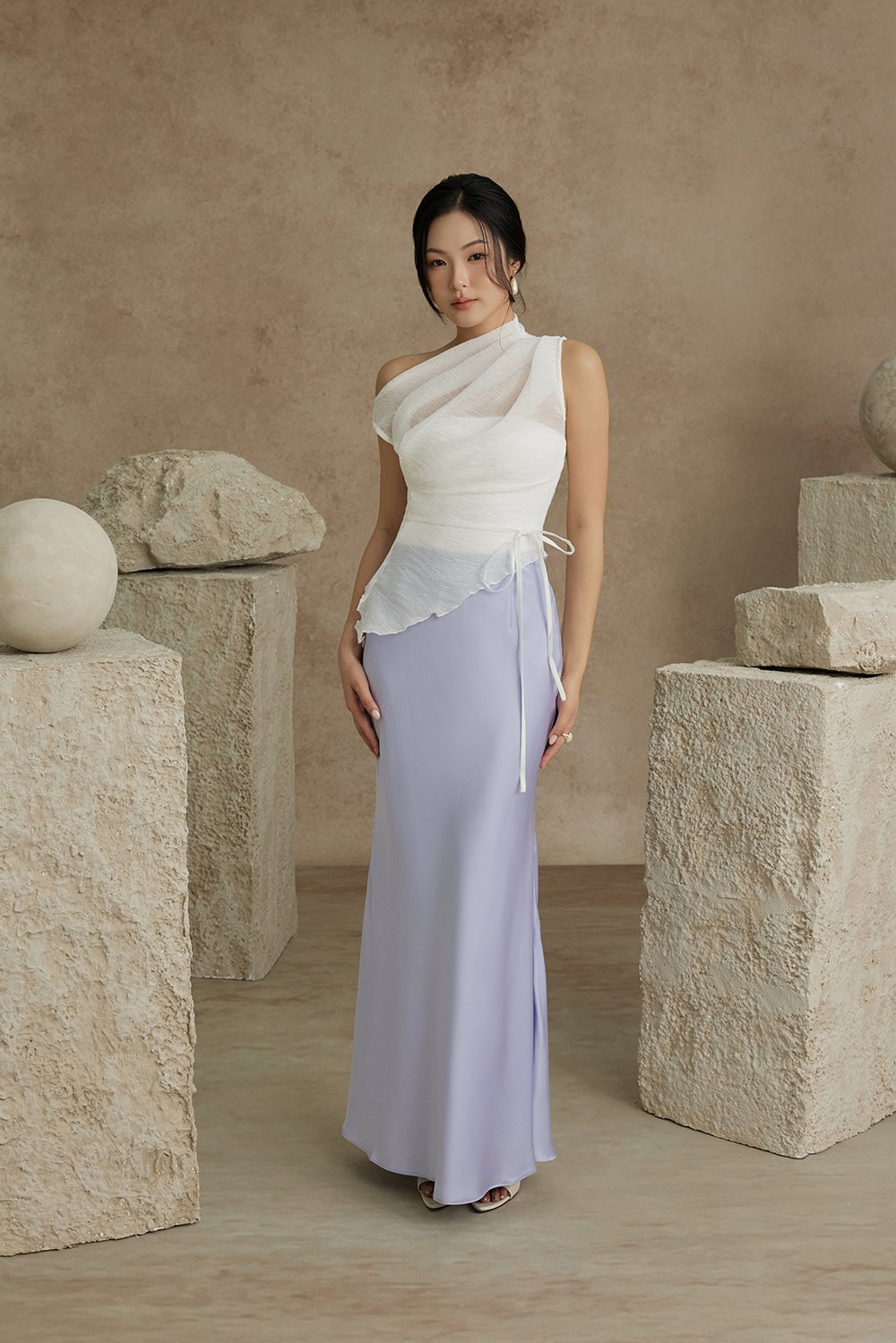 Aria Asymmetrical Pleated Top with Padded Tube in Iconic White